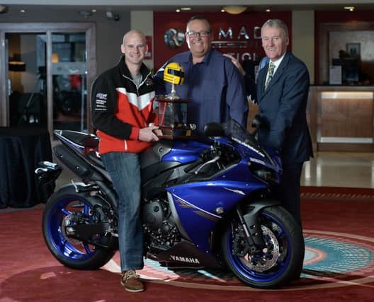 Ryan Farquhar, the 2012 Irish Motorcyclist of the Year, launched this year's Adelaide Motorcycle Awards with Sam Geddis of Adelaide and David Weir of the Enkalon Club in Belfast. The annual gala event, which has become the hottest date in the biking calendar, will be staged at the Ramada Plaza Hotel in Belfast on January 17 2014.
 Once again organisers have teamed up with the Enkalon Motorcycle Club and the winner of the Rider of the Year award will be presented with the iconic Joey Dunlop trophy.
PICTURE BY CHARLES MCQUILLAN
