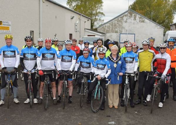 Ballymena Mayor  Councillor Audrey Wales, MBE, with a group of Ballymena Road Club Cyclists who took part in Saturday morning's Fun Tour. INBT 44-950H