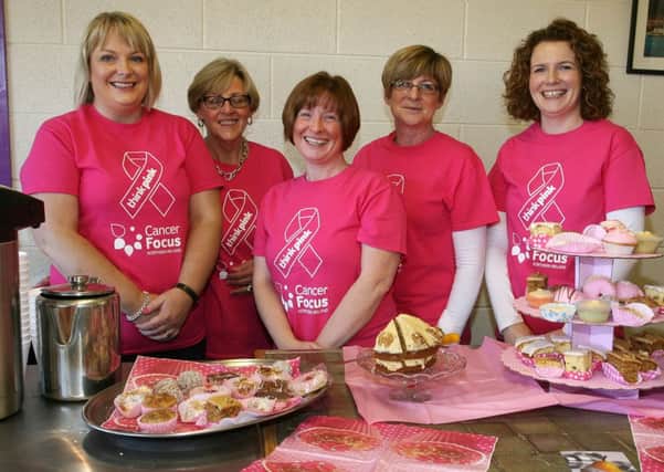 Karen Barber, Sarah Murdock, Linda McClintock, Norma McMaster and Fiona McDowell, organisers of the Think Pink Day at Farm Lodge, organised by the NRC Human Resources department. INBT44-204AC
