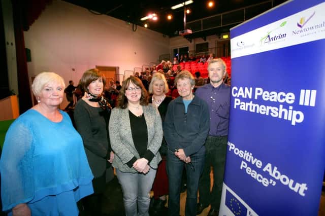Anne Carr (CAN Peace III), Councillor Noreen McClelland (Vice Chair of CAN Peace III), Jolene Mairs (documentary maker), Jenny Meegan (prison teacher), Pat Jess (prison teacher) and Cathal McLaughlin (documentary maker) at the Courtyard Theatre. INNT 44-513CON