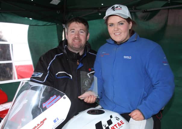 Rathkenny Track and Enduro's Annalee Simpson and dad Mark with the trophy she won at Bishopscourt. Picture: Roy Adams.