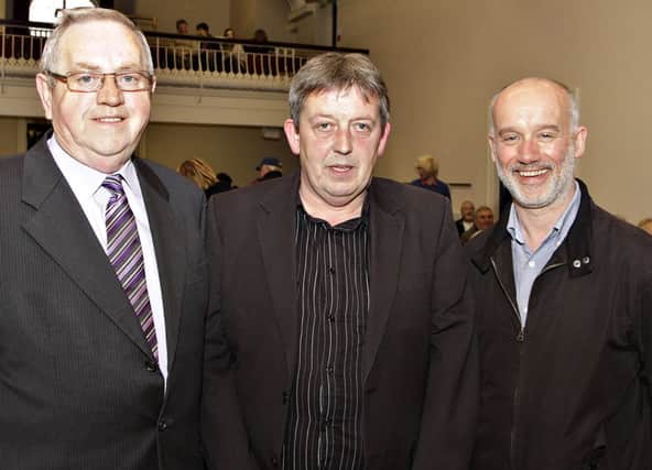 CULTURE. Pictured are Moyle Cllr Robert McIlroy, Noel Anderson from the Glebeside Community Association and Stephen Johnston of the Interaction Institute at a  Night of Culture held in Ballymoney Town Hall.INBM21-13 006SC.