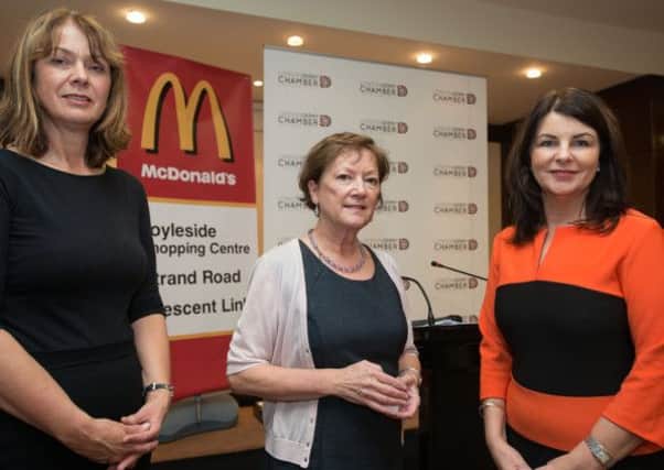 PIctured during Londonderry Chamber of Commerce's Business Speed Networking event in the Tower Hotel are Anna Doherty, events manager, Annette McIvor, McDonalds and Sinead McLaughlin, Chief Executive. Picture Martin McKeown. Inpresspics.com. 29.10.13