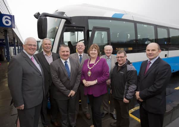 Pictured at Translinks recent Meet the Manager update session in Larne Bus Station are l-r Stewart Dickson MLA, Cllr Roy Craig, Translink Service Delivery Manager  Bus Services Sam Todd, Translink NI Railways Route Manager Frank Moore, Mayor of Larne Borough Council Cllr Maureen Morrow, Cllr Roy Beggs, Cllr Martin Wilson and Roy Beggs MLA. INLT 31-111-CON