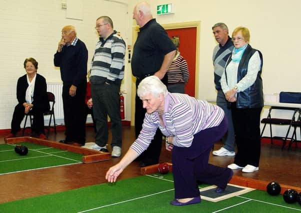 Harryville CC bowler Margaret Ramsey sends down a delivery against Antrim Indoor Bowling Club. INBT 45-810H