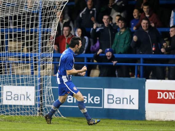 Eoin Bradley celebrates after scoring the Coleraine equaliser. Picture by John McIlwaine/Presseye.com