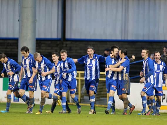 Coleraine's players celebrate after Steven Carson scored an injury time winner in Saturday's 3-2 win over Glenavon. Picture by John McIlwaine/Presseye.com