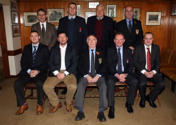 Officials and guests who attended the Ballymena RFC pre match lunch. Included are Scott Jeffers (Cantaberry), Colin Johnston (Galgorm Resort and Spa), Guy McCullough (President), Jimmyl Burden (President Old Wesley), John Milsteed (Michelin), Dave Bursey (Old Wesley), Willie John McBride and Derek Montgomery. INBT45-263AC