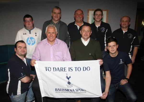 Spurs legends Graham Roberts and Steve Sedgley are pictured with members of the Ballymena Spurs supporters club at the Spurs Legends night in the Ross Park Hotel. INBT45-256AC