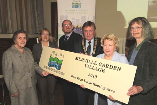 Pictured at the 2013 Best Kept Towns, Villages & Housing Area Awards are (l-r) Doreen Muskett MBE, NIAC, Patricia Pepper, Dr Mark Hammond, NI Environment Agency, Mayor Fraser Agnew, Olive Rodgers and Sally Liya. Pic by Brian Thompson/Press Eye