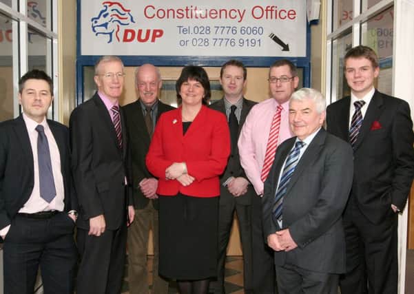 Arlene Foster the DUP Minister for Enterprise Trade and Investment called into the parties office in Limavady last Friday following a fundraising breakfast, Minister Foster is pictured with Councillor Alan Robinson, Gregory Campbell MP, Edgar Scott, Councillor James McCorkell, David Gilmore, George Robinson MLA, and Michael Way. INLV1012-116KDR
