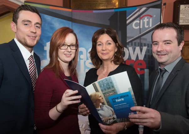 Pictured at a computing students jobs fair at the Magee Campus of the University of Ulster are, , Damien Armstrong and Gary O'Kane from CITI pictured with Catherine Hall and Moira McCarthy, Career Development Manager at the University of Ulster. Picture Martin McKeown. Inpresspics.com. 30.10.13