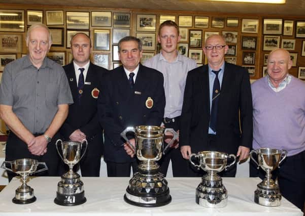 Roy Torrington, Nigel Robinson (President), John Coulter, James Gaston, Artie McAuley and Allen Stewart, prize winners from Ballymena Bowling Club. INBT45-271AC