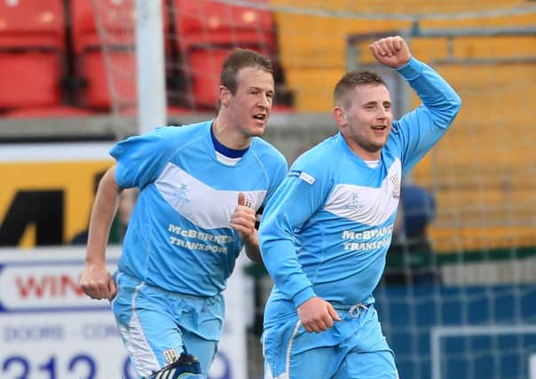David Cushley celebrates after scoring for Ballymena United against Cliftonville today. Picture: Press Eye.