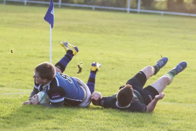 Kenny Calladine touches down for a try for Coleraine Firsts. PICTURE MARK JAMIESON