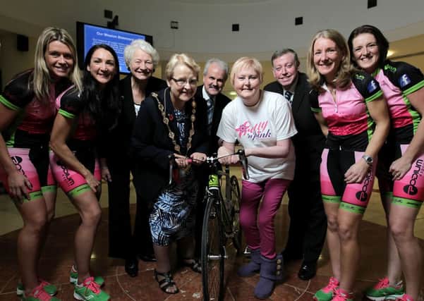 Pictured with The Belles (Julie McCorry, Andrea Harrower, Taryn McCoy and Cathy Booth) are Dame Mary Peters, DBE; The Mayor, Councillor Margaret Tolerton; Councillor Thomas Beckett; Noleen Adair, founder of the Charity Pretty in Pink and Chairman of the Councils Leisure Services Committee, Alderman Paul Porter.