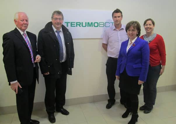 East Antrim MP Sammy Wilson and MEP Diane Dodds with representatives of Terumo in Larne. INLT 46-601-CON