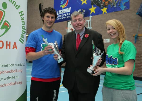 Pictured with Chairman of the Leisure Services Committee, Alderman Paul Porter, are Robert Vaughan, Captain of Astra Mens Handball Team and Caoimhe Hyland, Captain of Astra Ladies Handball Team.