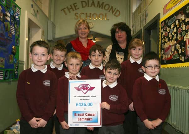 Pupils from the Diamond PS who raised £426 for breast cancer during their Wear It Pink day, are pictured with teacher Mrs. B. McCabbin, and classroom assistant Mrs. E. Herbison. INBT47-201AC
