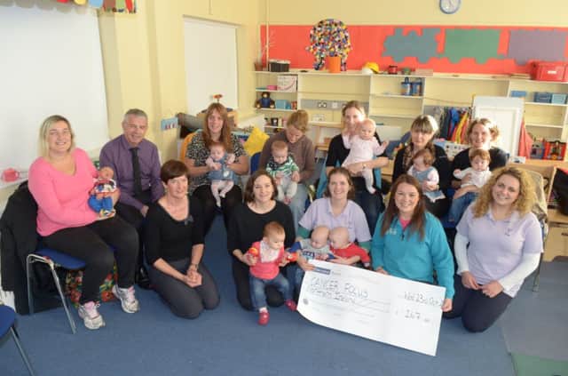 Larne Breastfeeding Support Group presenting a cheque for £167 to Rosie Forsythe of Cancer Focus  N.I.  raised at the walk to Carnfunnock on June.  INLT  44-304-PR