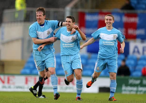 Ballymena's Gary Thompson celebrates after scoring his team's second goal against Ards. Picture: John McIlwaine (Press Eye).