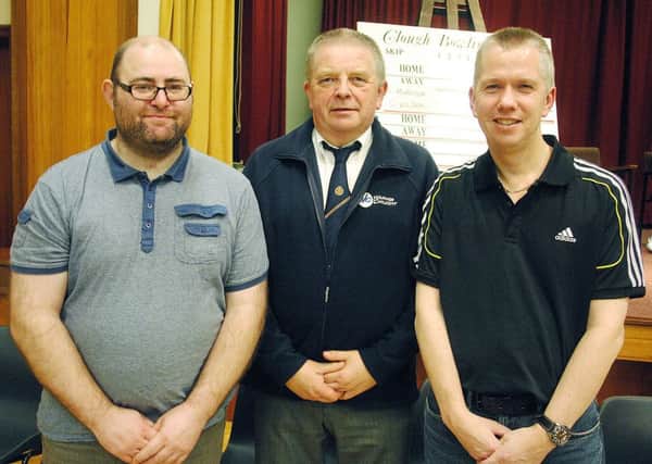 Clough Presbyterian Church bowls tournament finalists Andrew Morrison and Graham Wilson with umpire William Crawford.