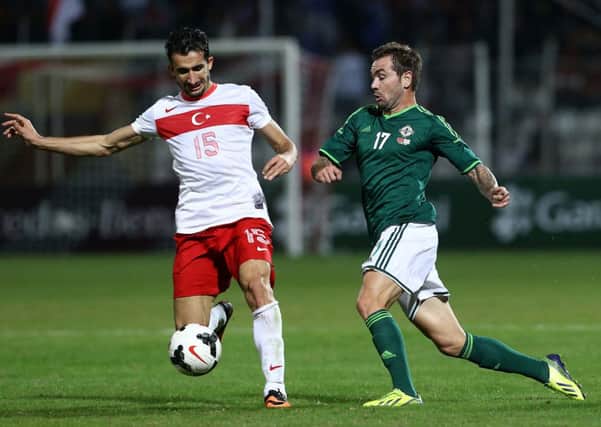 Larne's Jonny Steele pictured during his Northern Ireland debut in Friday nights international friendly against Turkey. Photo: Presseye