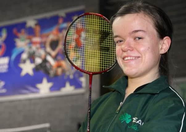 Emma Furnham from Alpha Badminton Club, Lisburn, getting ready for the Four-Nations para badminton championships at Lisburn Racquets Club. US1347-503cd