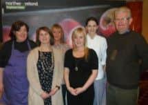 Pictured at the recent cookery demonstration for local farming families are Ivan Johnston, Bowel Cancer UK; Bernie McGarry, Bowel Cancer UK; Ruth Balmer, Registered Dietitian; Paula McIntryre Chef (and her assistant) and Yvonne Carson, Senior Health Promotion Officer, Northern Health and Social Care Trust.