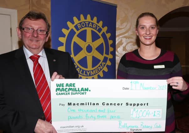 John Ramsey President of Ballymena Rotary Club presents a cheque for £1004-43 (proceeds of a Coffee Morning in Gloonan Gallery) to Maria Small of Macmillan Cancer Support. INBT 48-101JC