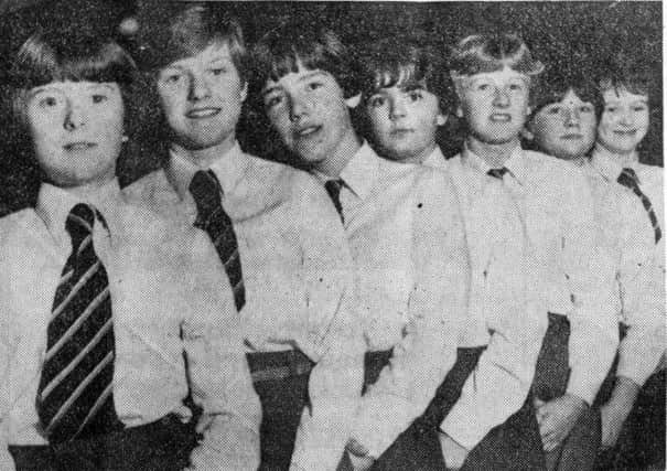 1981 - The Dunclug High School netball team. From left: Mandy Lynn, Fiona McIlroy, Jayne Hemphill, Dorothy Leslie, Julie Mark, Kirsti McMullan and Carole McKay. INBT47-754F