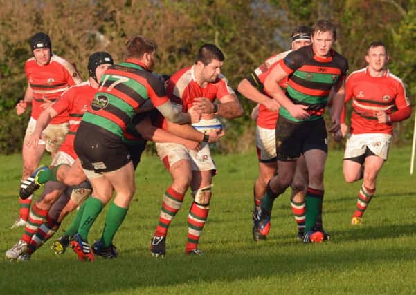Larne RFC in action against Holywood RFC in their Gordon West Cup clash. Photo: Philip Byrne