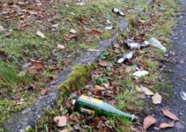 A reader's photo illustrating  that empty bottles of alcohol becoming a regular sight among the litter at Tullygarley Community Centre.