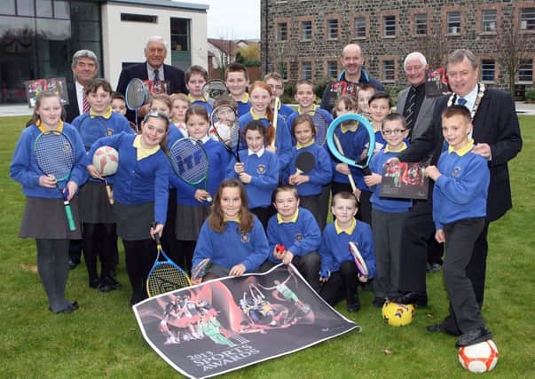 Newtownabbey Borough Council launched its 2013 Sports Awards with the help of pupils from Earlview Primary School, councillor Billy Webb, Willie-John McBride, Shane McCullough (UUJ), councillor Pat McCudden and mayor Fraser Agnew.