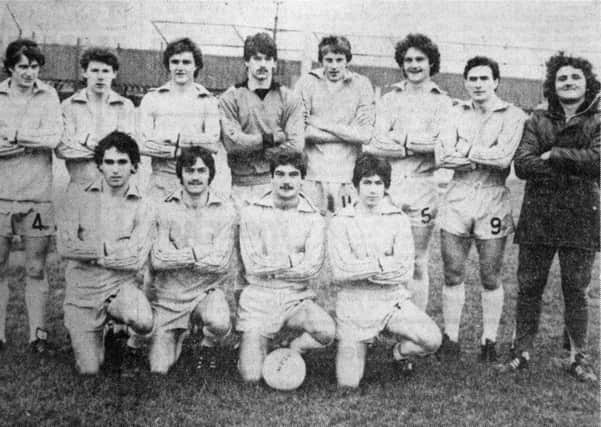 1981 - Ballymena United reserves before their match with Coleraine Reserves. Back row from left: F. Moffatt, T. Huston, J. Cooke, B. Hutchinson, G. Wright, L. Elliott, H. McGurk and I. Rodgers. Front row from left: L. McCloskey, H. Kernohan, R. Cassidy and S. Penny. INBT48-759F