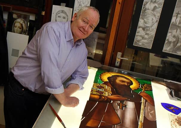 Philip Coyle, director of ArtGlass, with one of the lights for the stained glass window at St Patrick's Cathedral, Auckland. INLS 4913-508MT