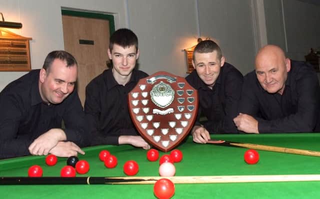 Potters Snooker Club's beaten finilists Seagalls Potters in the Ballymeana Charity Shield Competition  Ivan Boreland  Sammy Cobbhan  James Nesbitt  Christopher Boreland 
INCR 47 408 MP