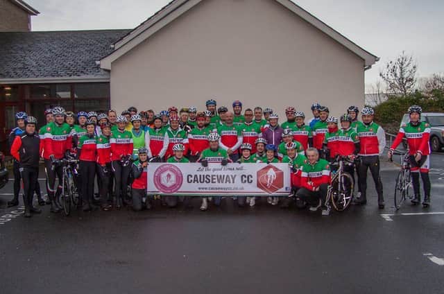 Members of the Causeway Cycle Club pictured before their club cycle to raise funds for Causeway Hospital.