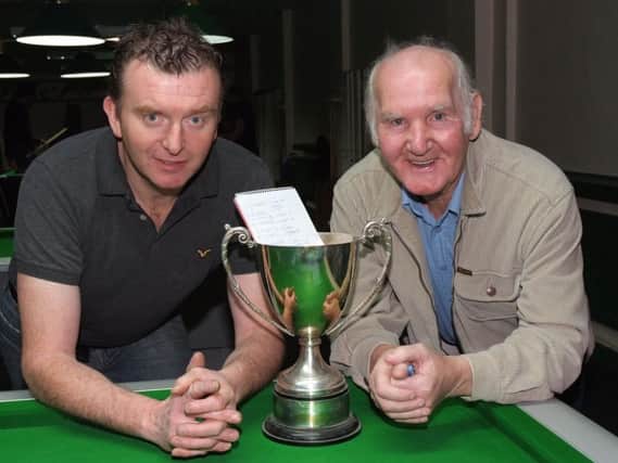 Pictured after making the draw for the Nevin Cup Snooker Competition is Willie Eakin  and Sammy Walker
INCR 49 400 MP 
Report to come from Willie Eakin