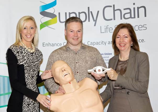 Pictured with the Trauma Surgical Training Manikin is Declan ODuil from Torc Product Development, Councillor Carla Lockhart, Chair of Development Committee and Dr Theresa Donaldson, Chief Executive of Craigavon Borough Council.