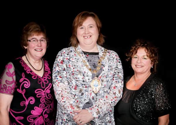 Isabel Apsley, Larne Mayor Maureen Morrow and Councillor Gerardine Mulvenna at the 80th anniversary dinner of the Larne St John Ambulance. INLT 49-804-CON
