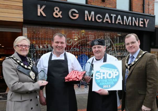 Mayor of Ballymena Cllr Audrey Wales and President of the Ballymena Chamber of Commerce & Industry Thomas McKillen with Kieran and Gordon McAtamney of K&G McAtamney Butchers, Grenvale Street who have just won the UK Butcher's Shop of the Year to add to their Northern Ireland title. INBT 49-103JC