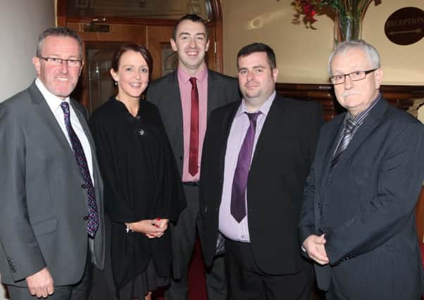 Conor Murphy MP Guest Speaker Cllr Cara McShane Chair Moyle Council Dathi McKay MLA Cllr Colum Thompson and Oliver McMullan MLA pictured at the North Antrim Sinn Fein Dinner held at the Tullyglass Hotel in Ballymena