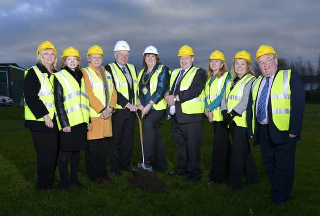 Picured at the sod-cutting ceremony at The Gobbins are: Valerie Ingram, Ulster Garden Villages; Pat Mulvenna, manager NEP; Linda McCullough, Larne Borough Council; Ald  Roy Beggs, chair, Gobbins Steering Group; Mayor, Cllr Maureen Morrow; Cllr Gregg McKeen, vice-chair, Gobbins Steering Group; Geraldine McGahey, chief executive, Larne Borough Council; Kathleen McBride, NITB; and Ald PJ McAvo,y chairman NEP. INLT 49-640-CON
