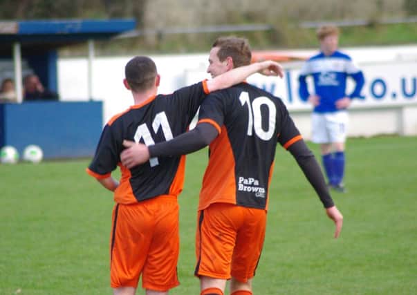 Richard Gibson (right) scored twice in Carrick's 5-0 win over Limavady United. He is pictured here with Jody Lynch who netted the Gers' opener. INLT 49-906-CON