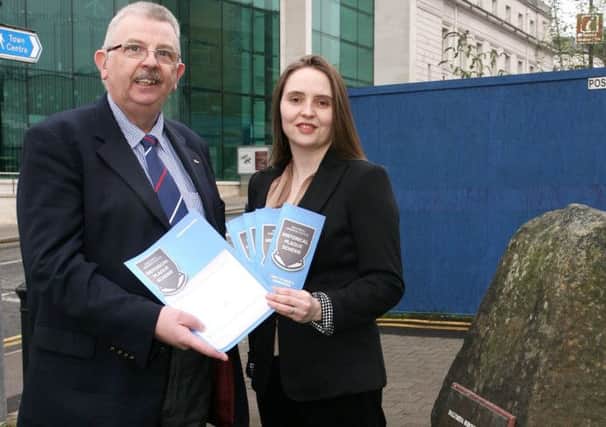 Cllr. John Carson along with Jane Clarke of Ballymena Museum promoting the councils Historical Plaque Scheme. INBT49-201AC