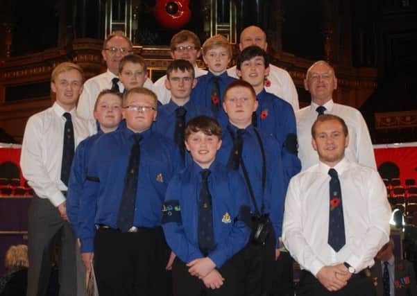 Officers and boys form 3rd Carrickfergus Boys' Brigade Company in the Royal Albert Hall. INCT 50-751-CON