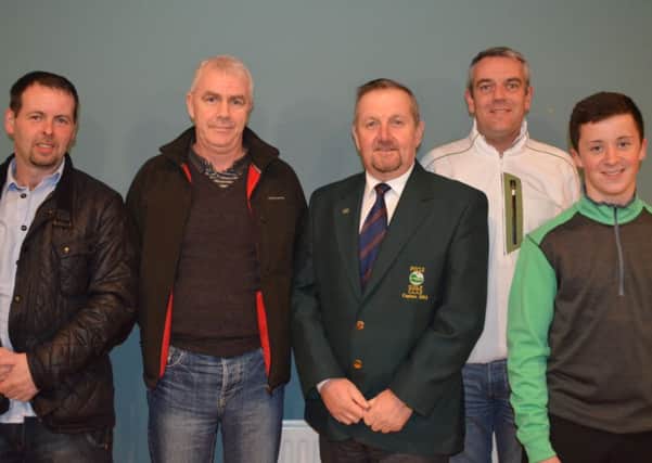 Pictured from left to right are the Foyle Golf Club Christmas Hamper winners Mark McCloskey (Back 9); Stuart Gauld (Winner); Mr George Fitzpatrick (Captain); Damien McColgan (Category 0 - 11) and David Meehan (Juvenile).