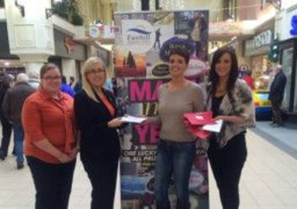 Maria Brolly, winner of the Fairhill Make My Year Facebook Competition,  pictured alongside Natalie Jackson, Fairhill Marketing & Commercial Manager, and Danielle Mawhinney & Rachel Cullen from Co-Operative Travel. Maria won fabulous prizes from the Fairhill stores, including a short break to Malta, beauty & food hampers, store vouchers & much more!