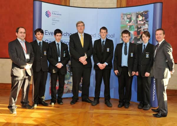 St Louis Grammar School, Ballymena, pupils Mark Crawford, Connaire Smyth, Robert Clarke, Conor McCormick and Matthew Sullivan and their teacher Patrick Trainor, pictured with Education Minister John ODowd and Peter Morris, Director of Corporate Services, BT Ireland, at a reception in Parliament Buildings for north of Ireland entrants to the BT Young Scientist and Technology Exhibition 2014.